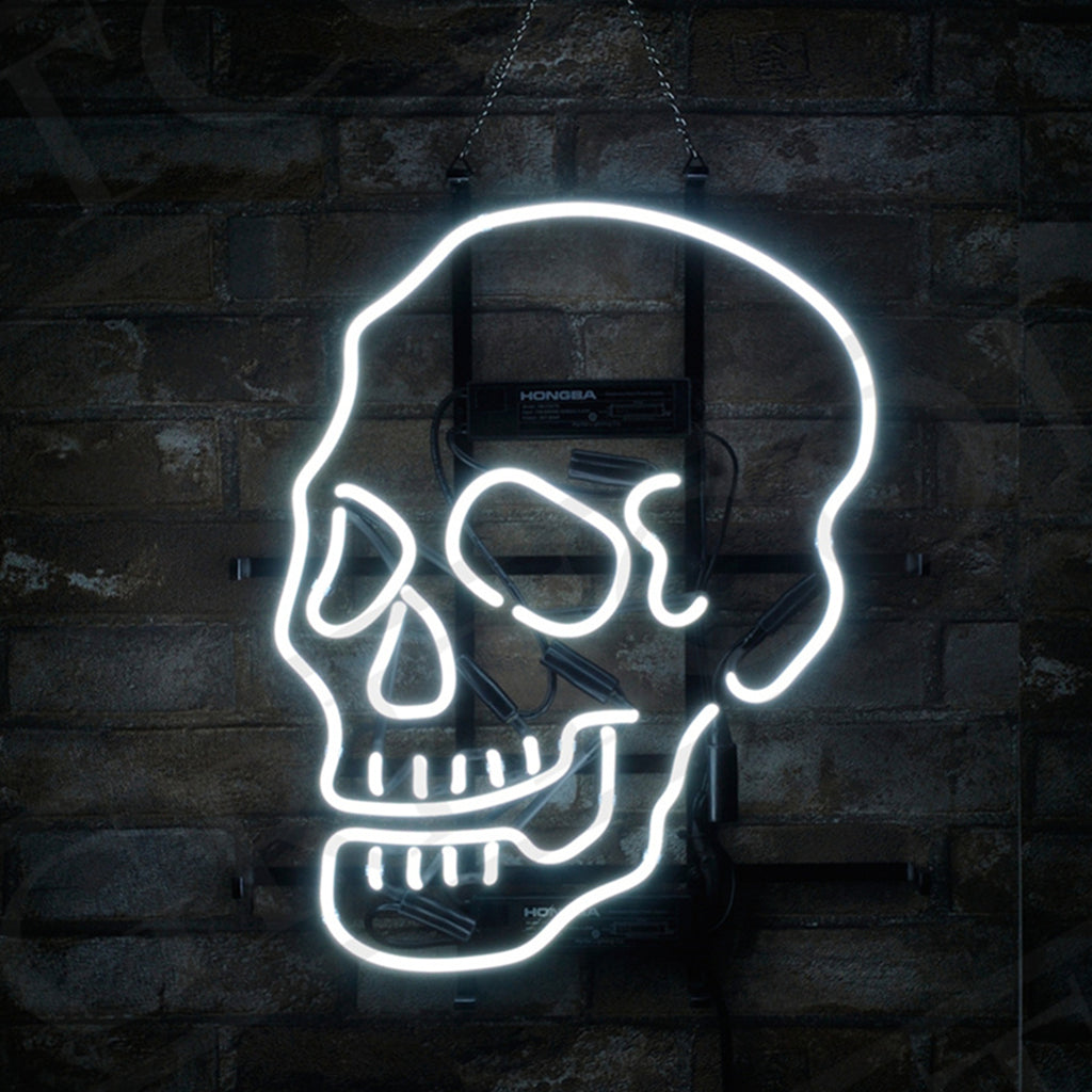Skull Bone Shape Neon Light Sign glowing against a light neutral wall