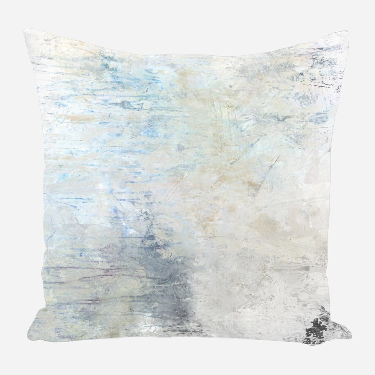 Square pillow with abstract sky-inspired pattern in soft blues, grays, and off-white tones, featuring light streaks and subtle textured effects.