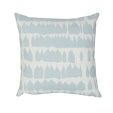 Queen of Spain Pillow Cover featuring sky blue piping displayed on a wooden bench with succulent plants