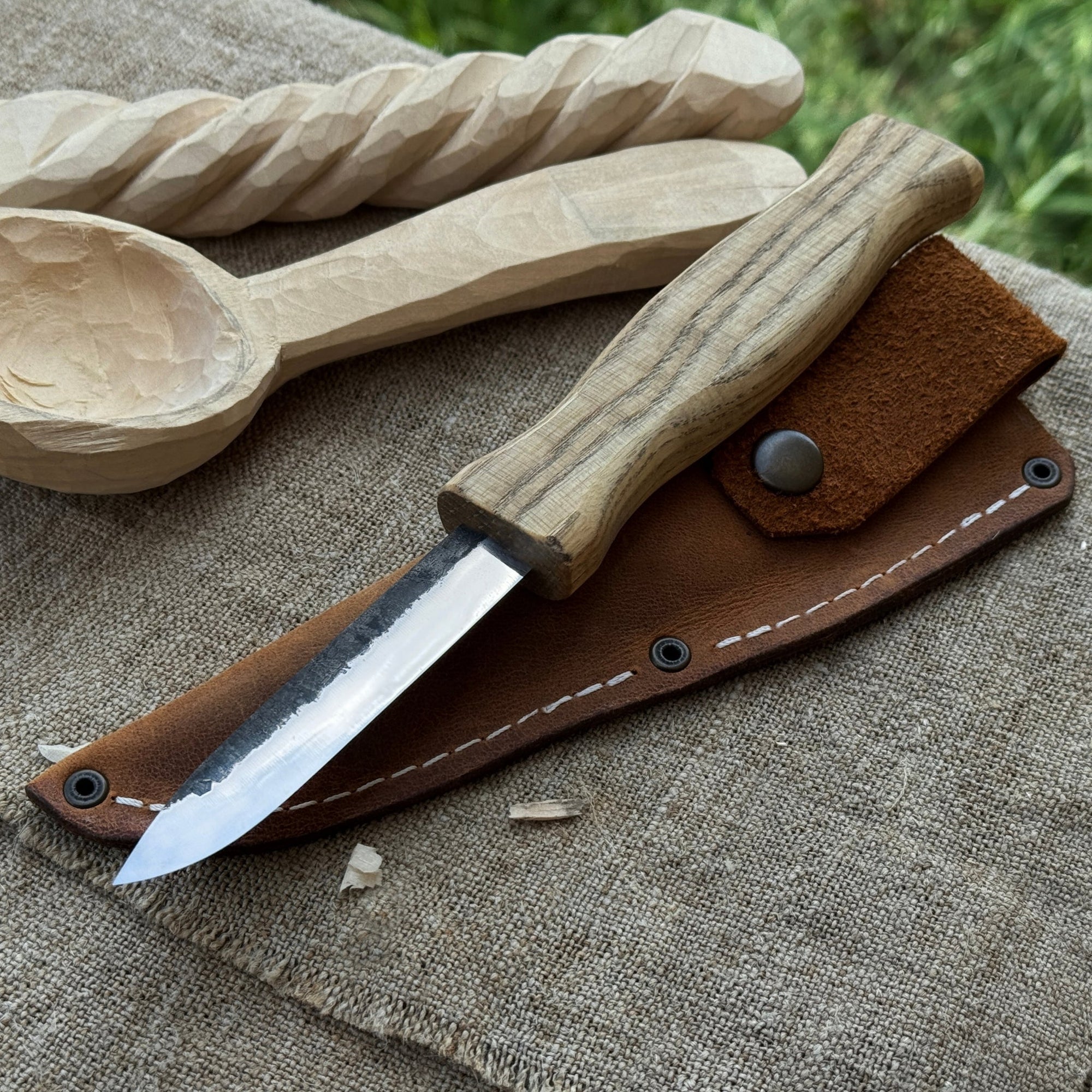Sloyd Knife with 8 cm blade and leather sheath by Sharky Forged Steel Tools