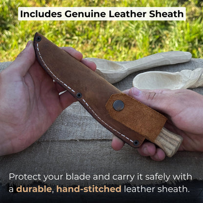 Sloyd Knife with 8 cm blade and leather sheath by Sharky Forged Steel Tools