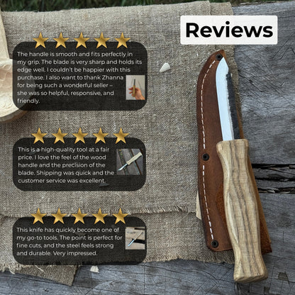 Sloyd Knife with 8 cm blade and leather sheath by Sharky Forged Steel Tools