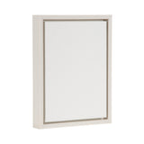 Vertical blank white canvas in a light wooden frame with a recessed edge, shown at slight angle against a white background.