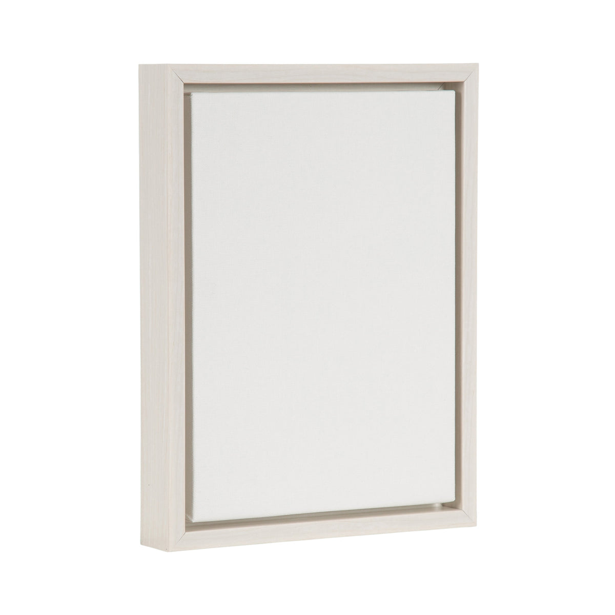 Vertical blank white canvas in a light wooden frame with a recessed edge, shown at slight angle against a white background.