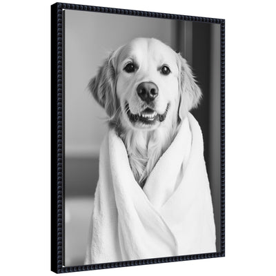 Sylvie Golden Retriever Bathroom Towel Robe Black and White Framed Canvas by The Creative Bunch Studio