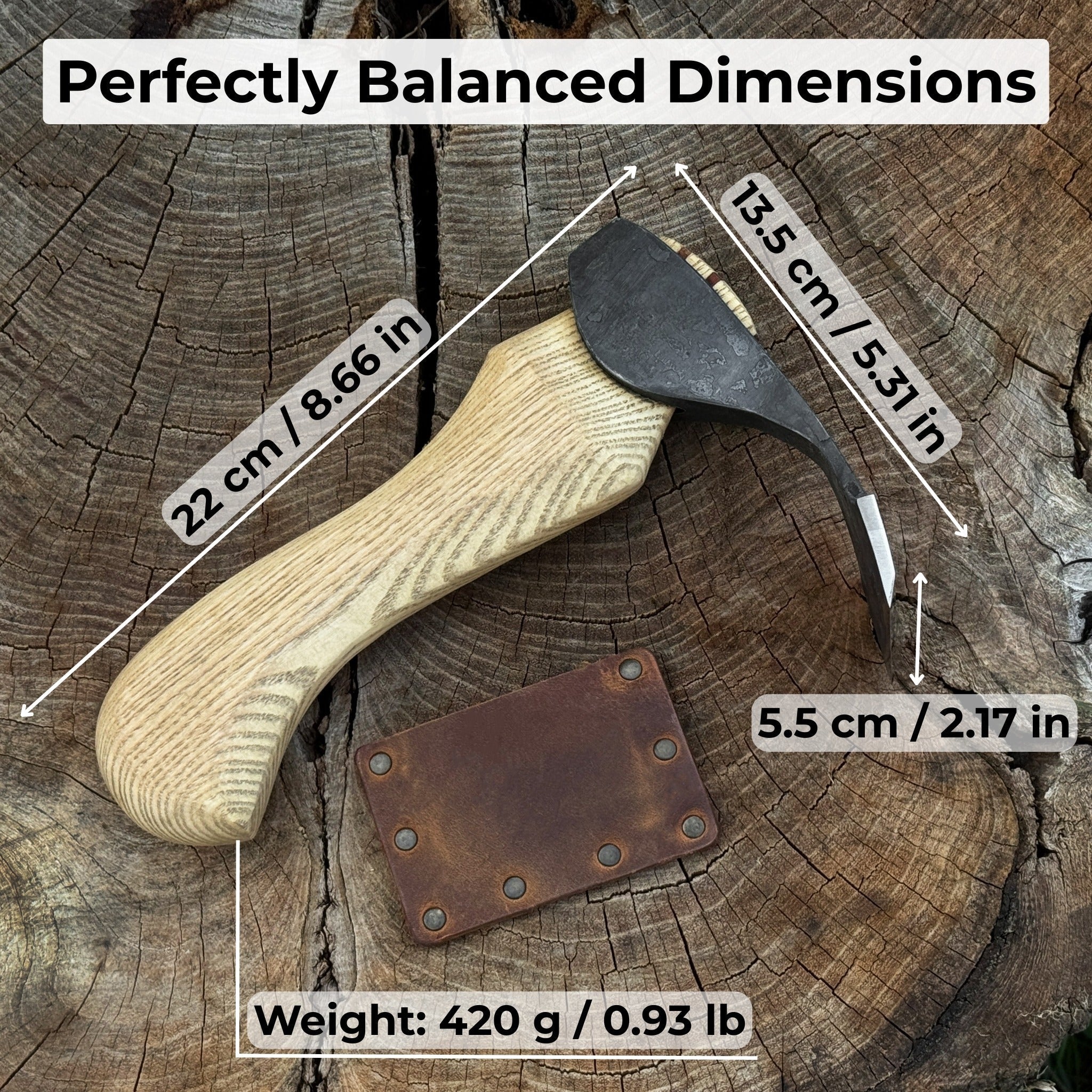 Small hand-forged adze with straight flat blade and ash wood handle by Sharky Forged Steel Tools