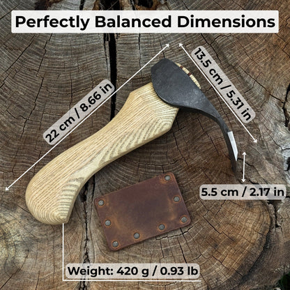 Small hand-forged adze with straight flat blade and ash wood handle by Sharky Forged Steel Tools