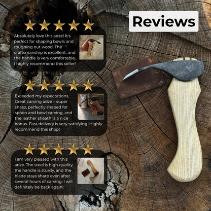 Small hand-forged adze with straight flat blade and ash wood handle by Sharky Forged Steel Tools
