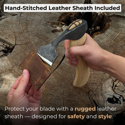 Small hand-forged adze with straight flat blade and ash wood handle by Sharky Forged Steel Tools