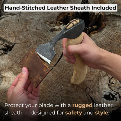 Small hand-forged adze with straight flat blade and ash wood handle by Sharky Forged Steel Tools