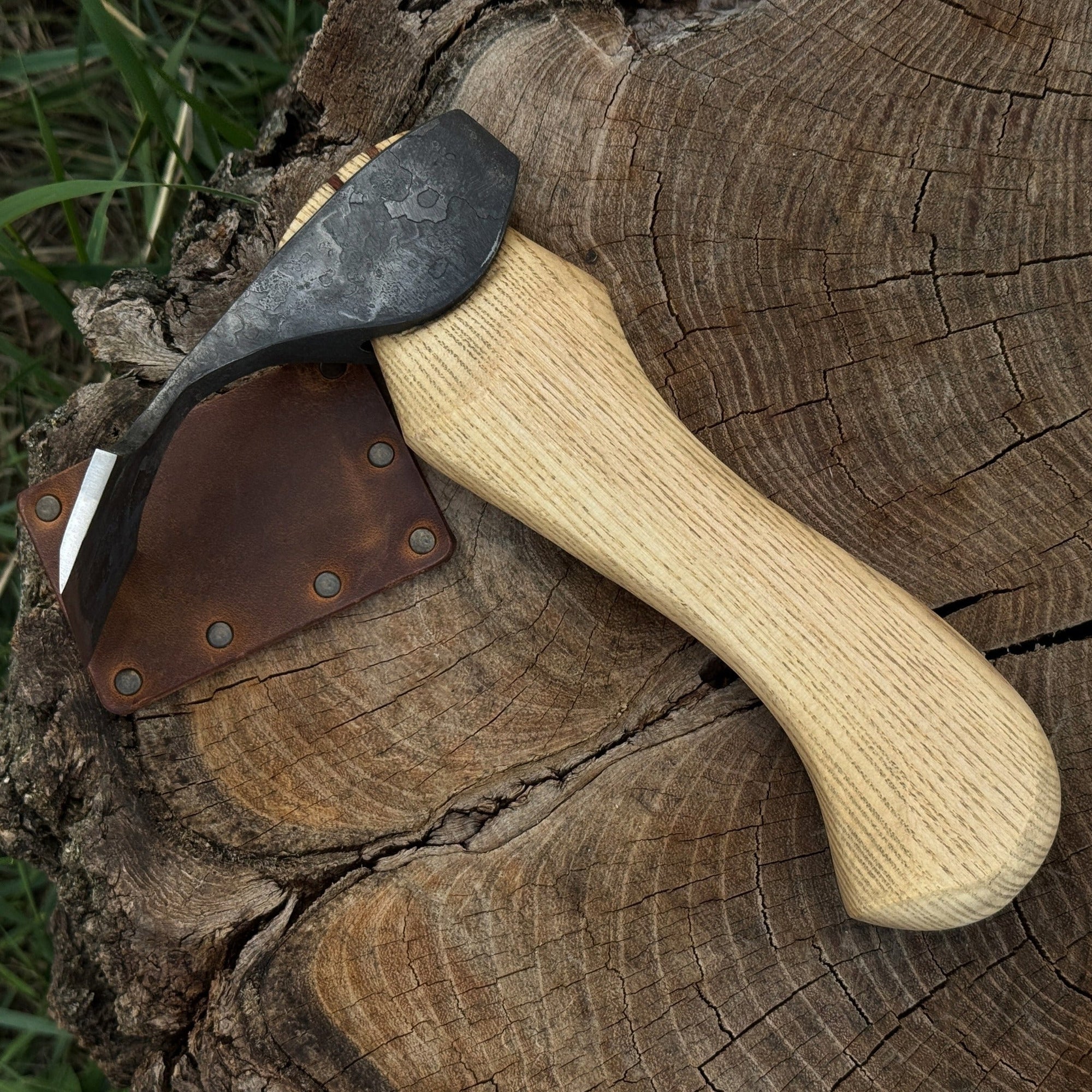 Small hand-forged adze with straight flat blade and ash wood handle by Sharky Forged Steel Tools