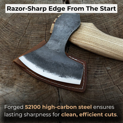 Small hand-forged carving axe with ash wood handle and leather sheath