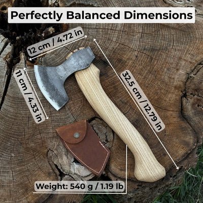 Small hand-forged carving axe with ash wood handle and leather sheath