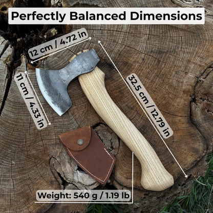 Small hand-forged carving axe with ash wood handle and leather sheath
