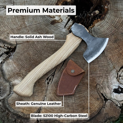 Small hand-forged carving axe with ash wood handle and leather sheath