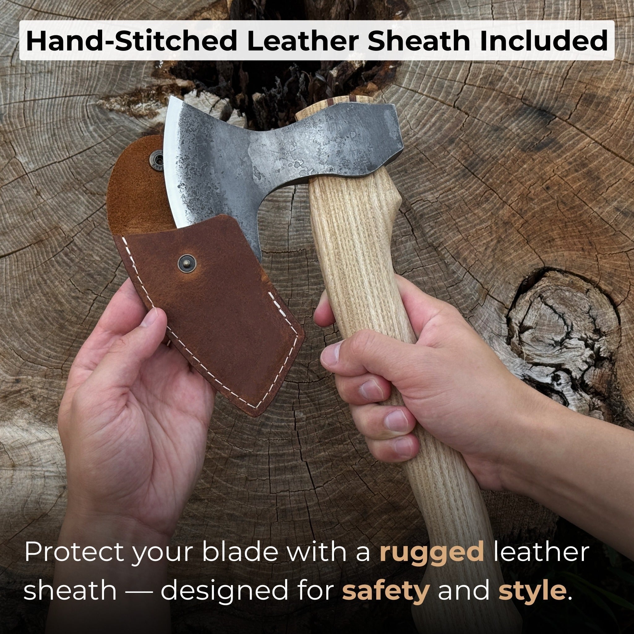 Small hand-forged carving axe with ash wood handle and leather sheath