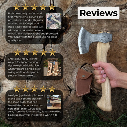 Small hand-forged carving axe with ash wood handle and leather sheath
