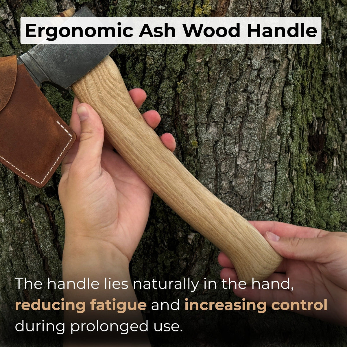Small hand-forged carving axe with ash wood handle and leather sheath