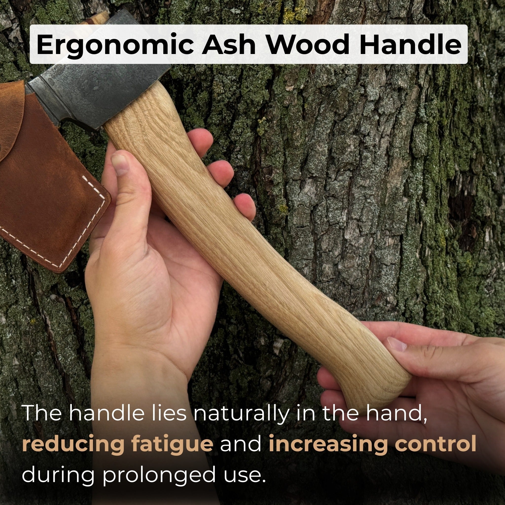 Small hand-forged carving axe with ash wood handle and leather sheath