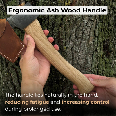 Small hand-forged carving axe with ash wood handle and leather sheath