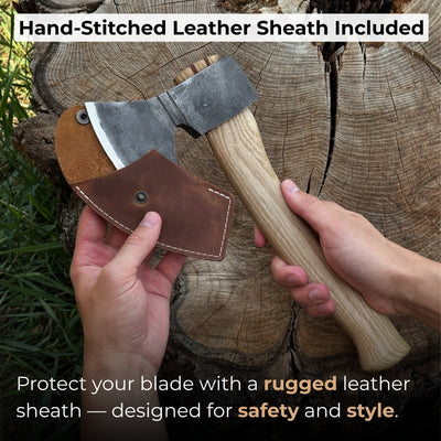 Small hand-forged carving axe with ash wood handle and leather sheath