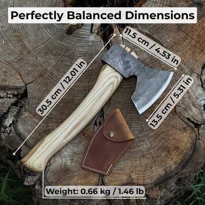 Small hand-forged carving axe with ash wood handle and leather sheath