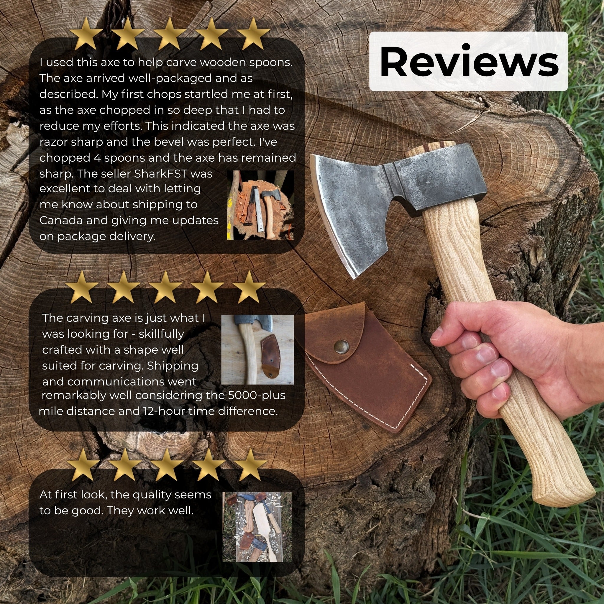 Small hand-forged carving axe with ash wood handle and leather sheath