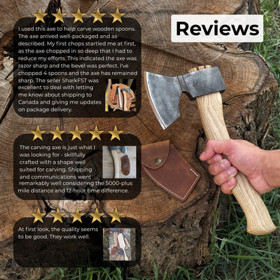 Small hand-forged carving axe with ash wood handle and leather sheath