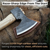 Small hand-forged carving axe with ash wood handle and leather sheath
