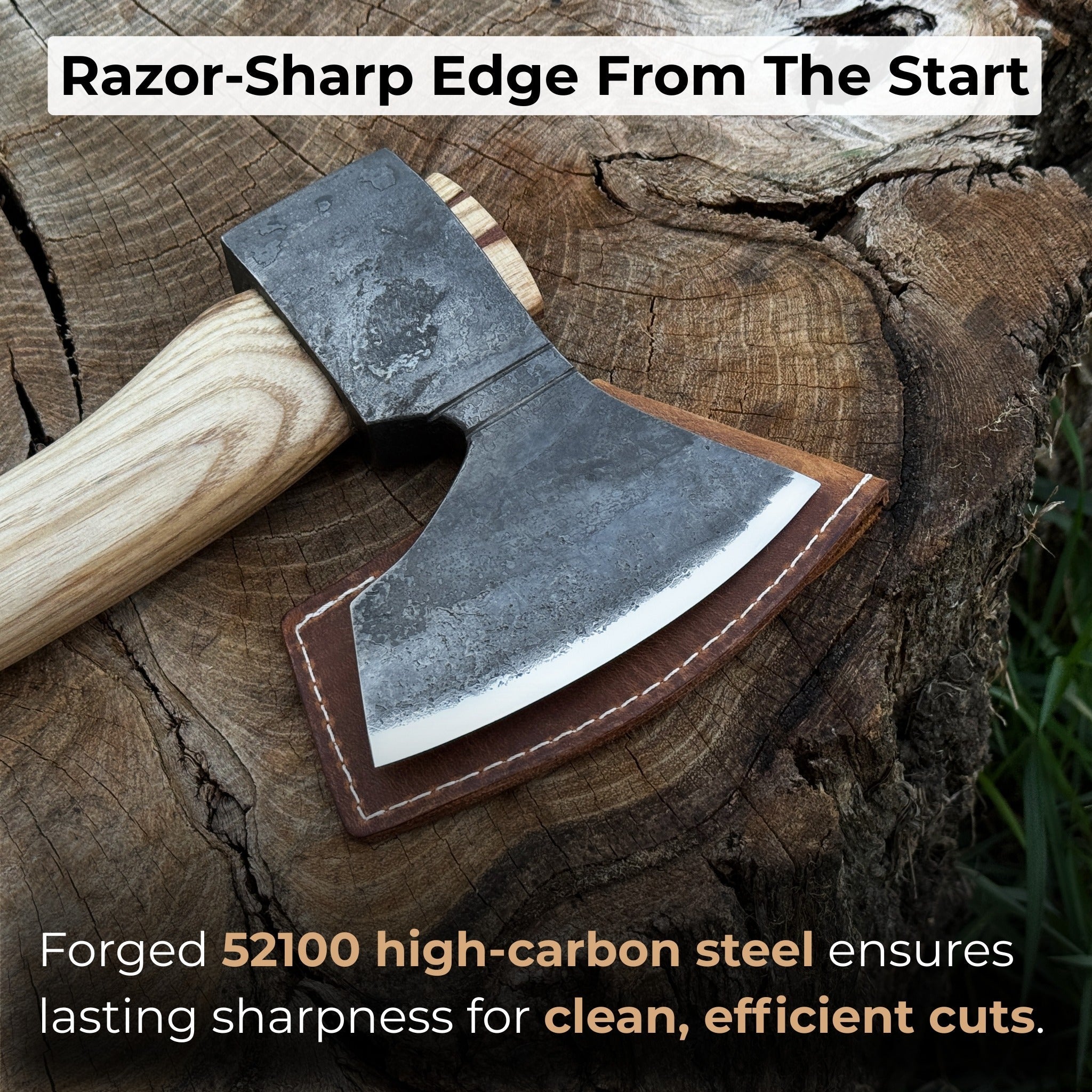 Small hand-forged carving axe with ash wood handle and leather sheath
