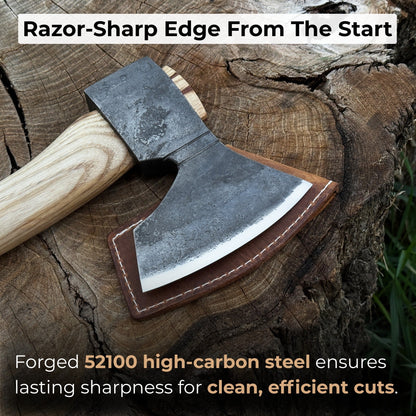 Small hand-forged carving axe with ash wood handle and leather sheath