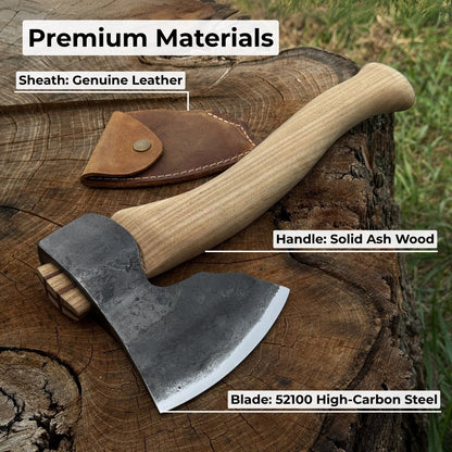 Hand-forged small carving axe with ash wood handle and leather sheath