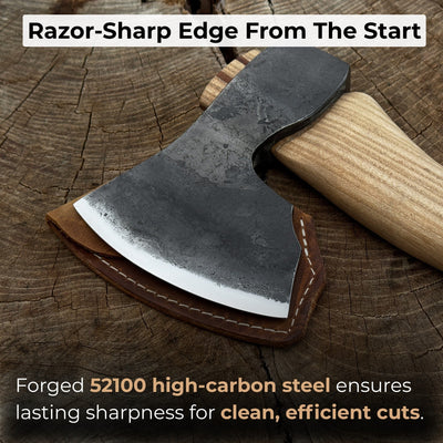 Hand-forged small carving axe with ash wood handle and leather sheath