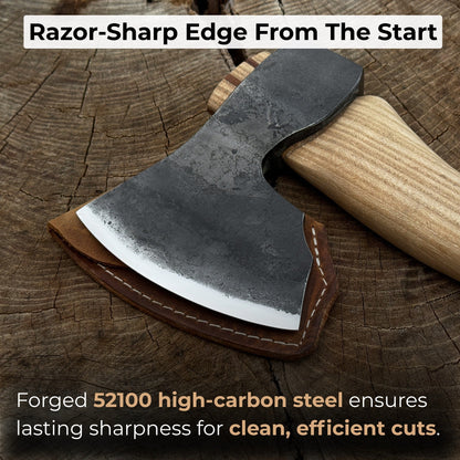 Hand-forged small carving axe with ash wood handle and leather sheath
