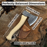 Hand-forged small carving axe with ash wood handle and leather sheath