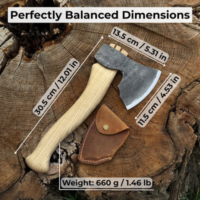 Hand-forged small carving axe with ash wood handle and leather sheath