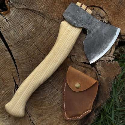 Hand-forged small carving axe with ash wood handle and leather sheath