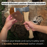 Hand-forged small carving axe with ash wood handle and leather sheath