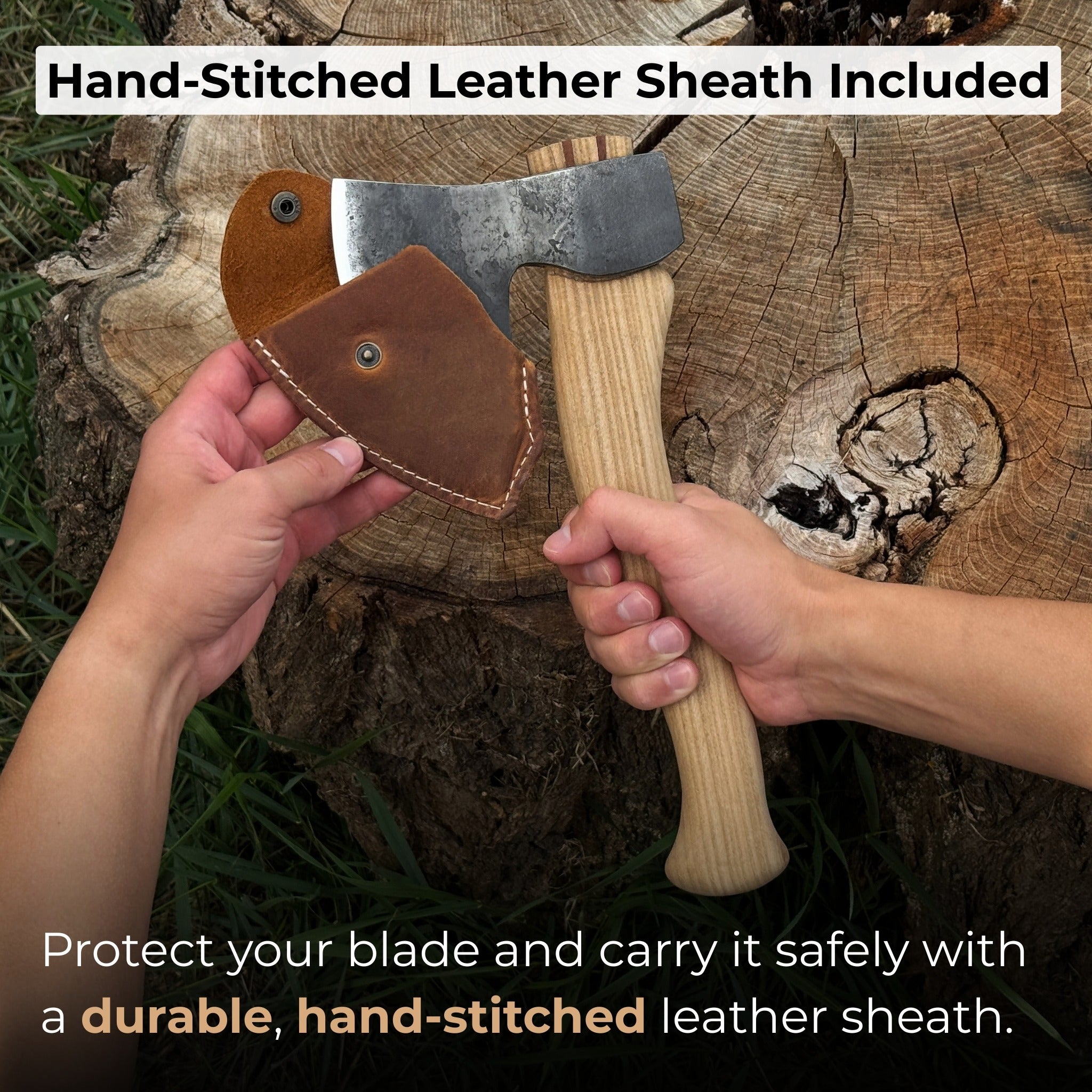 Hand-forged small carving axe with ash wood handle and leather sheath