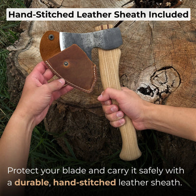 Hand-forged small carving axe with ash wood handle and leather sheath