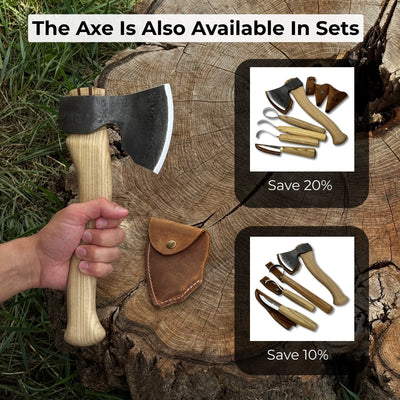 Hand-forged small carving axe with ash wood handle and leather sheath