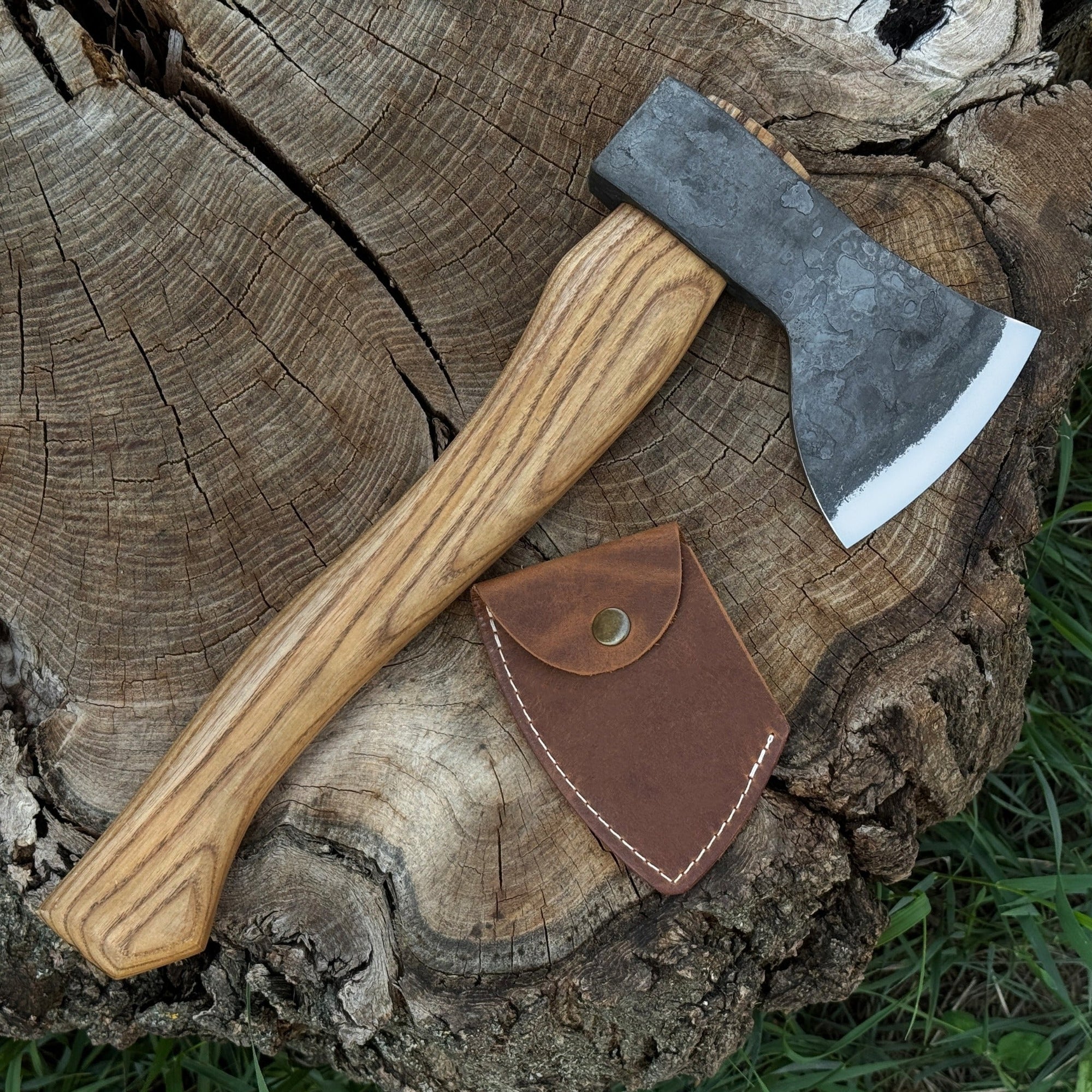 Hand-forged small carving axe with ash wood handle and leather case