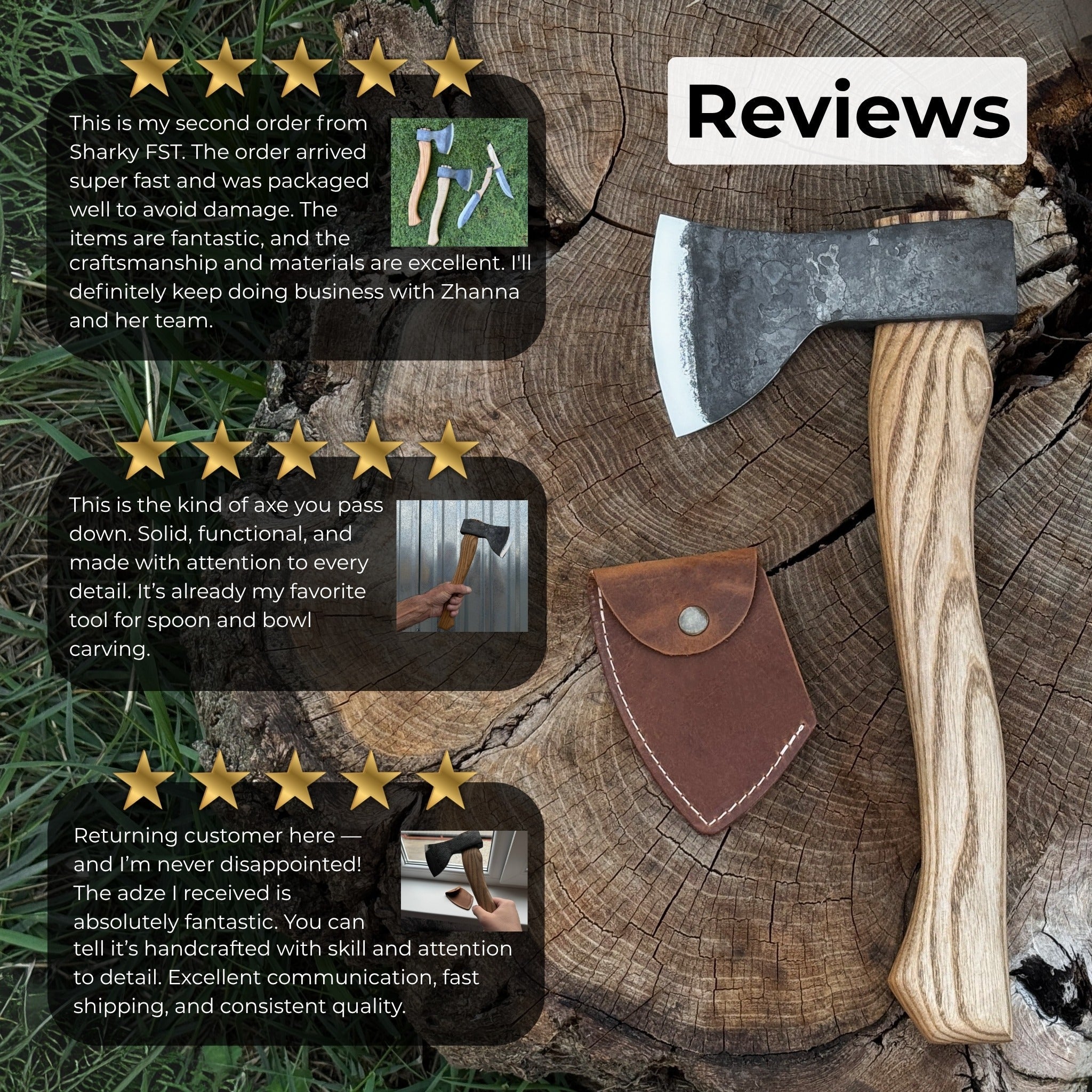 Hand-forged small carving axe with ash wood handle and leather case