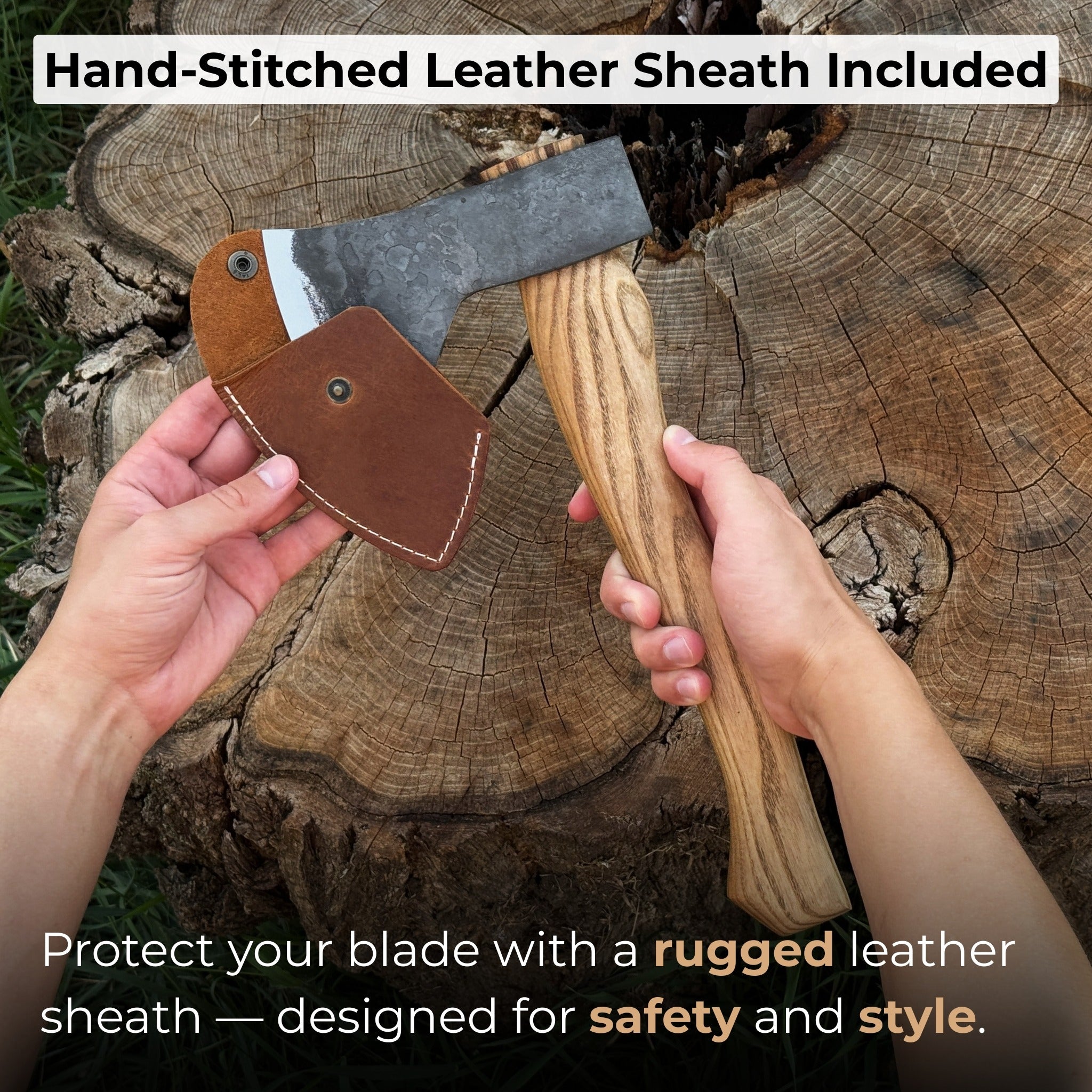 Hand-forged small carving axe with ash wood handle and leather case