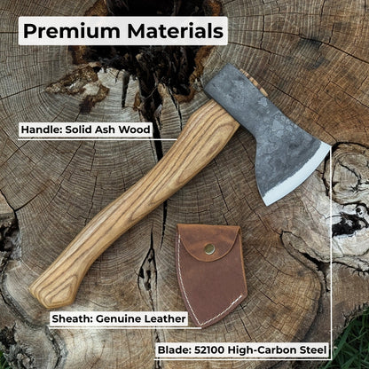 Hand-forged small carving axe with ash wood handle and leather case