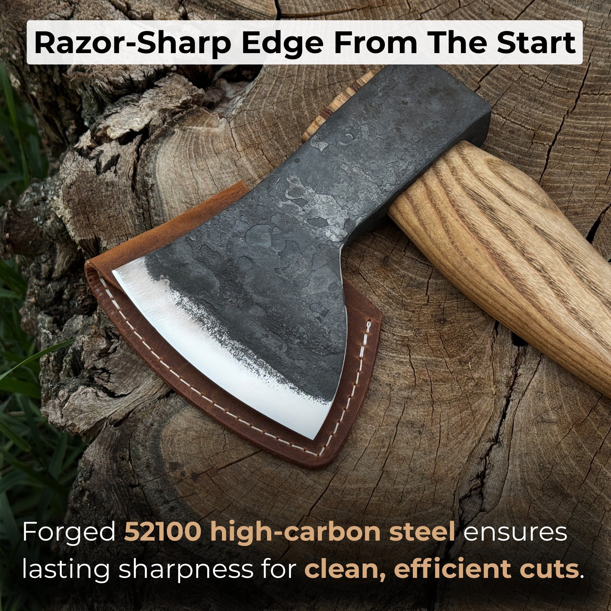 Hand-forged small carving axe with ash wood handle and leather case