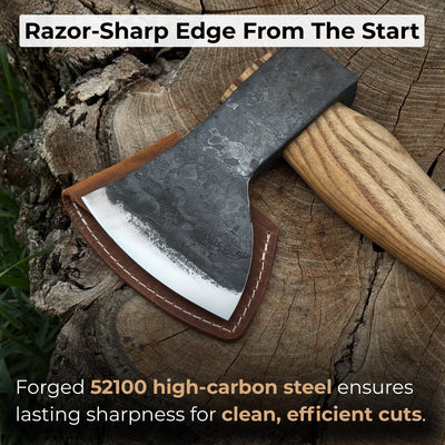 Hand-forged small carving axe with ash wood handle and leather case