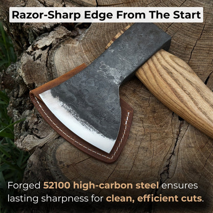 Hand-forged small carving axe with ash wood handle and leather case