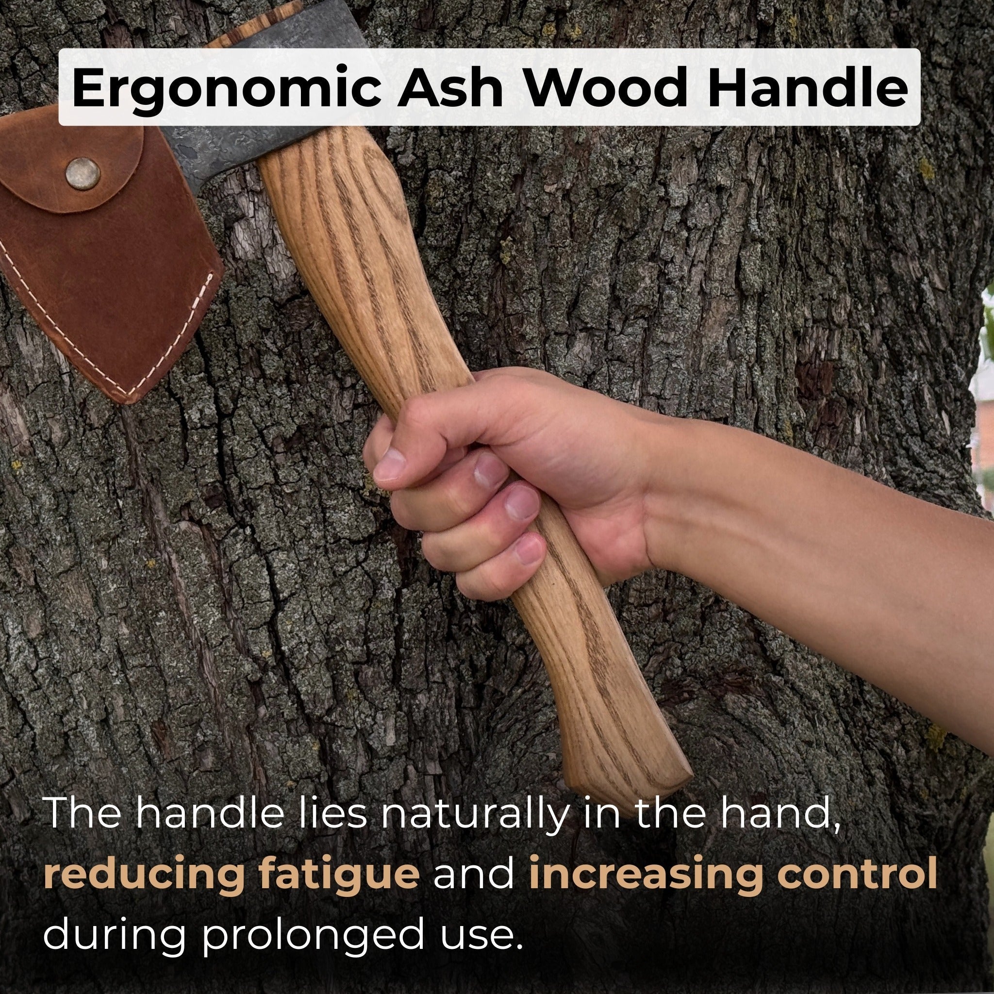 Hand-forged small carving axe with ash wood handle and leather case