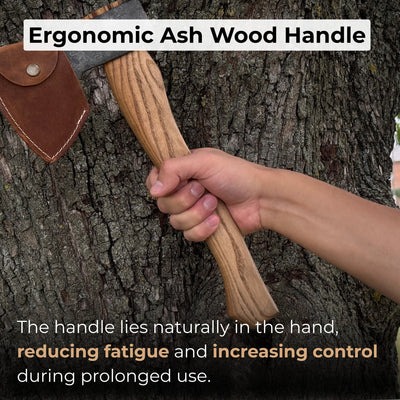 Hand-forged small carving axe with ash wood handle and leather case